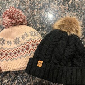 Timberland Cozy Black and Cream Kids Pom-Pom Beanie Set